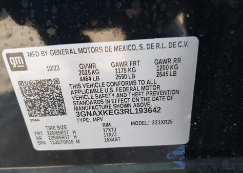 2024 Chevrolet Equinox Fwd Lt из США, поврежденный, VIN 3GNAXKEG3RL193642